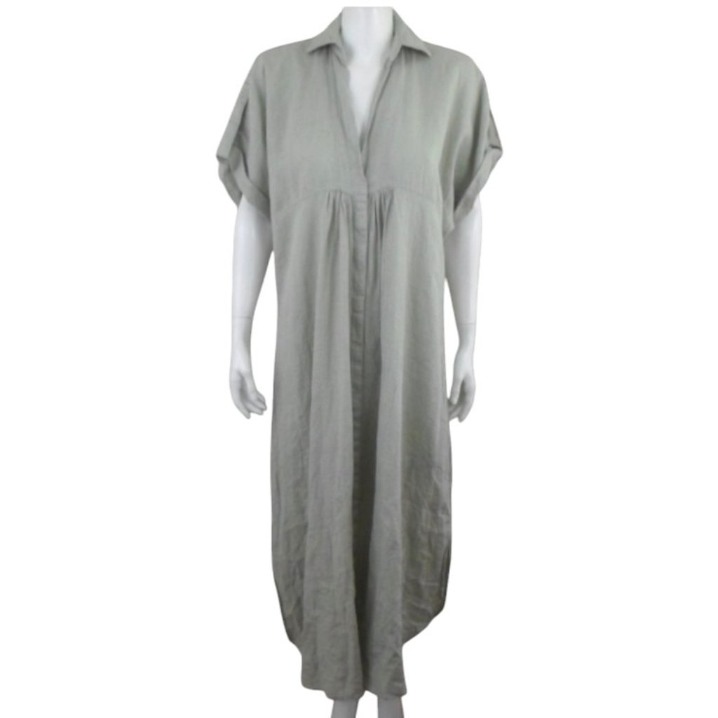 Zara Lovina Sage Green 100% Linen Maxi Dress Short Dolman Sleeve